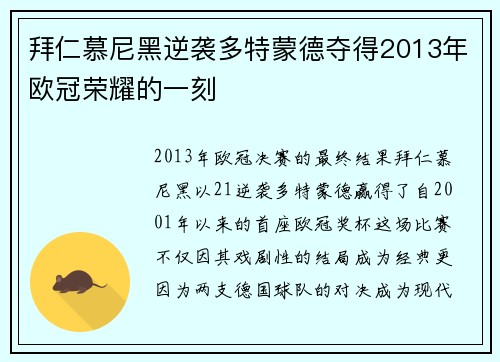拜仁慕尼黑逆袭多特蒙德夺得2013年欧冠荣耀的一刻