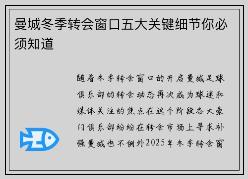 曼城冬季转会窗口五大关键细节你必须知道