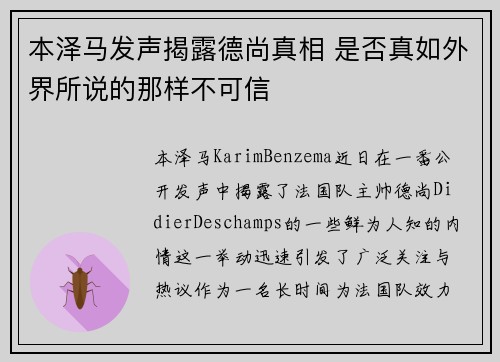 本泽马发声揭露德尚真相 是否真如外界所说的那样不可信