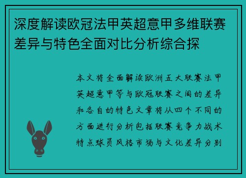 深度解读欧冠法甲英超意甲多维联赛差异与特色全面对比分析综合探