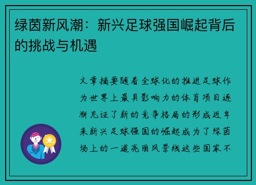 绿茵新风潮：新兴足球强国崛起背后的挑战与机遇